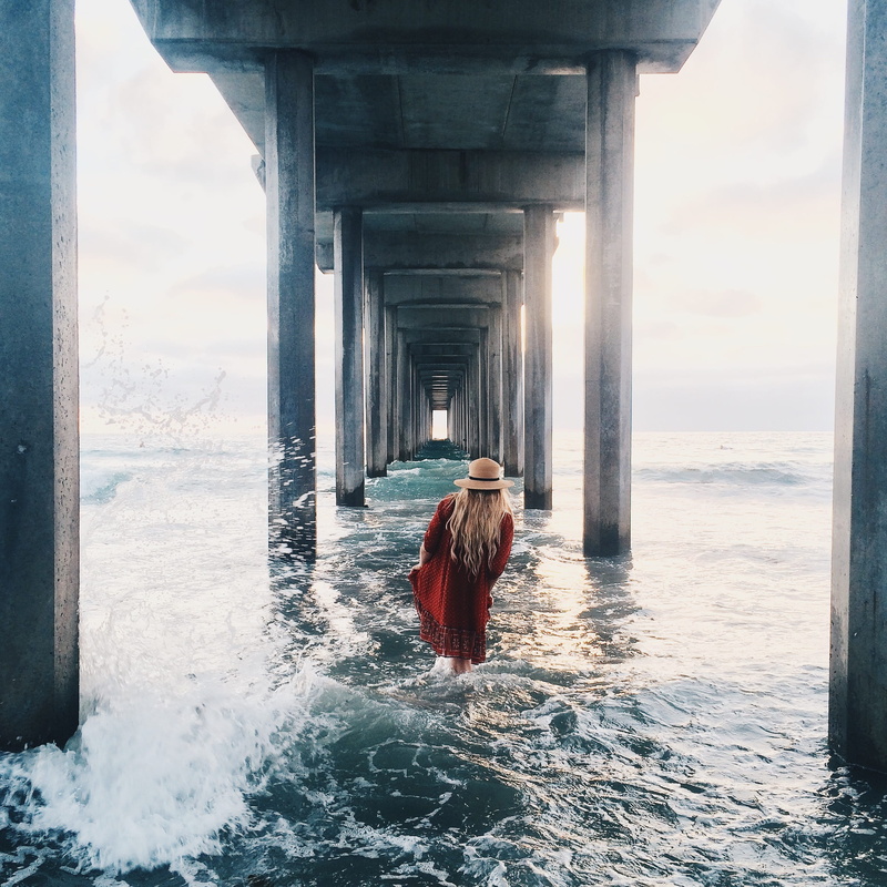 pier, la jolla, socality, one person, red dress, lifestyles, hairstyle, day, real people, below, vsco, bridge - man made structure, golden hour, connection