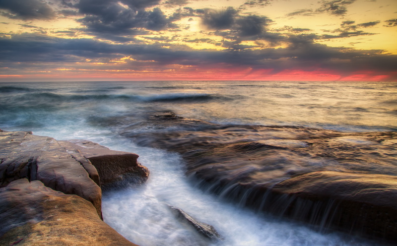 cloud - sky, horizon, rock, orange color, long exposure, power in nature, Ocean, san diego, scenics - nature, solid, California, horizon over water, body