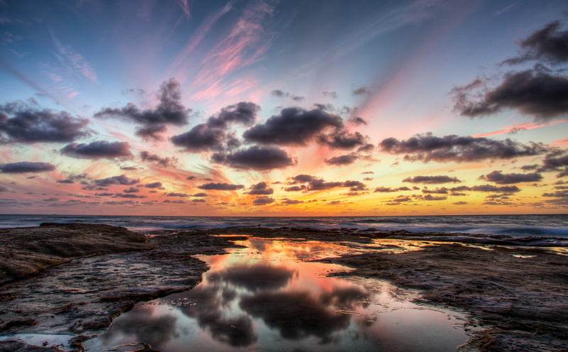 Shore, beauty in nature, horizon, la, horizon over water, tranquil scene, sea, sky, Ocean, reflection, outdoors, land, orange color, water, 5K, no people