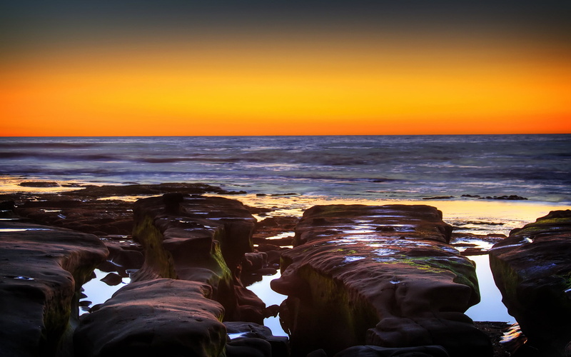outdoors, sky, rock, land, beach, cove, nature, orange color, tranquility, sea, horizon, rock - object, solid, sunset, 2K, beauty in nature, tranquil scene