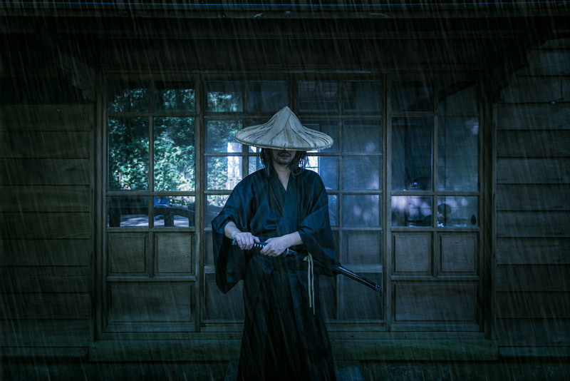 built structure, outdoors, male, front view, waist up, architecture, sword, night, standing, building exterior, 1080P, adult, hat, samurai, katana, character