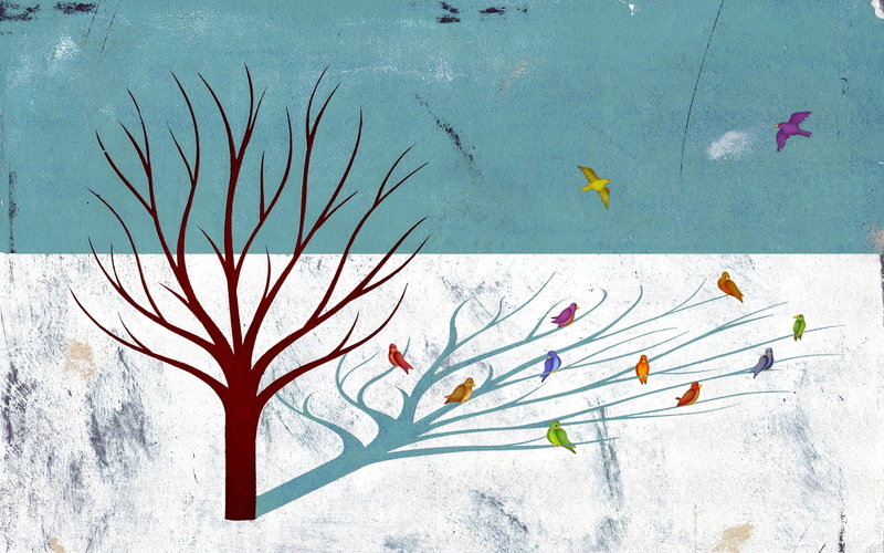 artwork, winter, sunlight, simple, surreal, birds, day, sky, snow, optical illusion, multi colored, nature, tree, horizon, outdoors, art and craft, 1080P