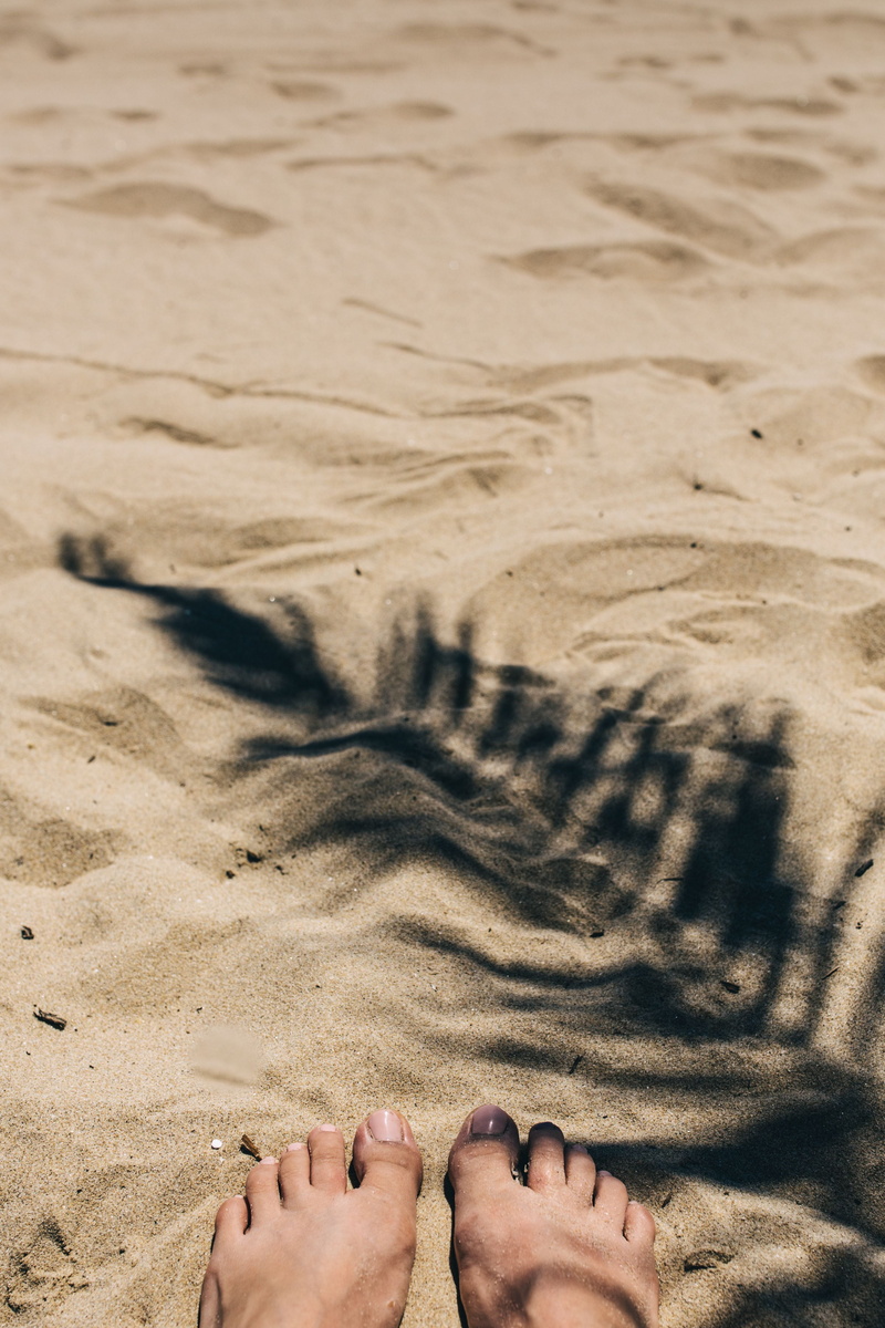 relaxation, adult, day, human leg, personal perspective, sea, sago palm, body part, summer, beach, human Foot, leaves, outdoors, shadow, high angle view