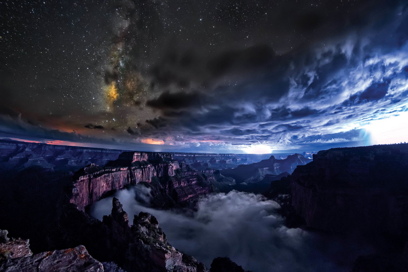 clouds, inversion, night, 720P, USA, nature, starry night, Milky Way, canyon, Grand Canyon, mountains, landscape, stars, mist