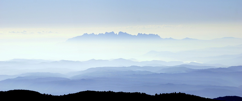 mountain peak, tree, above, sun, high mountain, silhouette, tranquil scene, land, space, scenics, dawn, Montserrat, Nature, outdoors, fog, Mist, forest