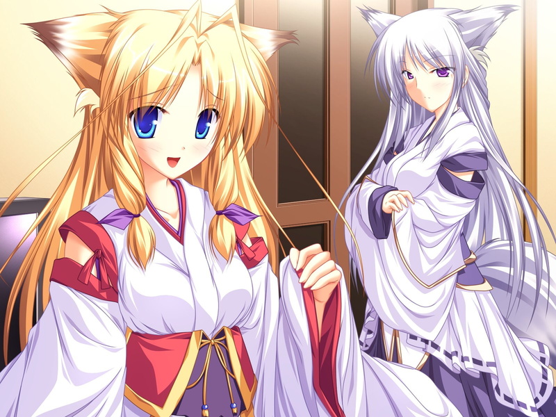 game, ears, purple, blue, hina, clothes, animal, kuujou, blonde, foxgirl, japanese, eyes, hair, 720P, mutsuki, white, inakoi, miko, tenmaso, whirlpool