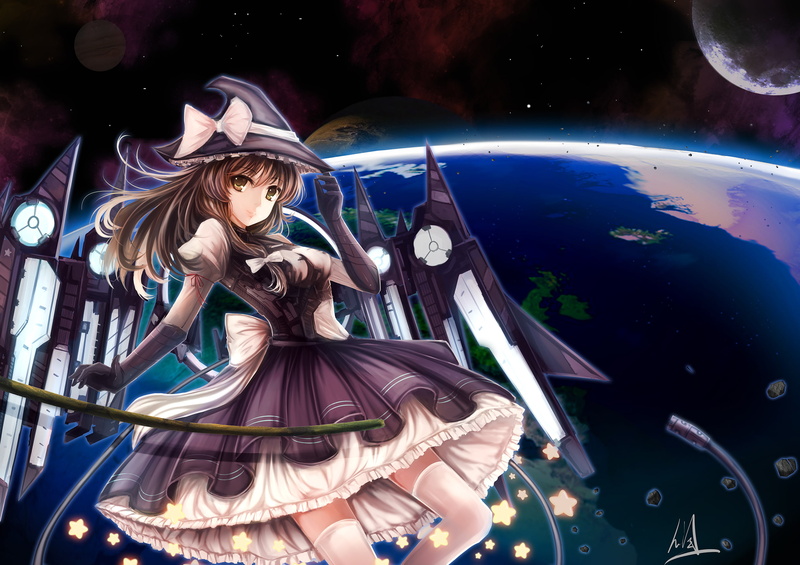 thighhighs, blonde, eyes, touhou, stars, jianren, hair, 1080P, moon, yellow, ribbons, kirisame, dress, hat, marisa