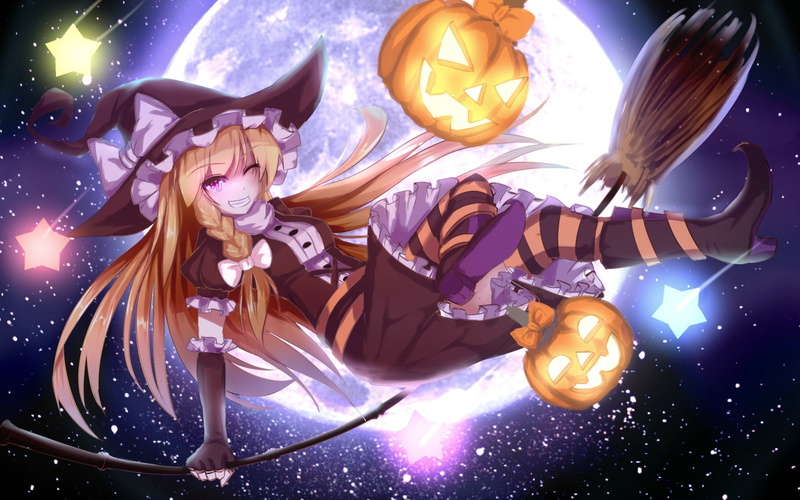 witch, Blonde, anime, emotion, women, stockings, halloween, 1080P, stars, music, leisure activity, touhou, Pumpkin, night, happiness, digital composite