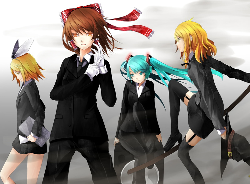 vocaloid, black color, young women, real people, indoors, bow, hakurei, kagamine, people, representation, hatsune, miku, digital composite, men, kirisame