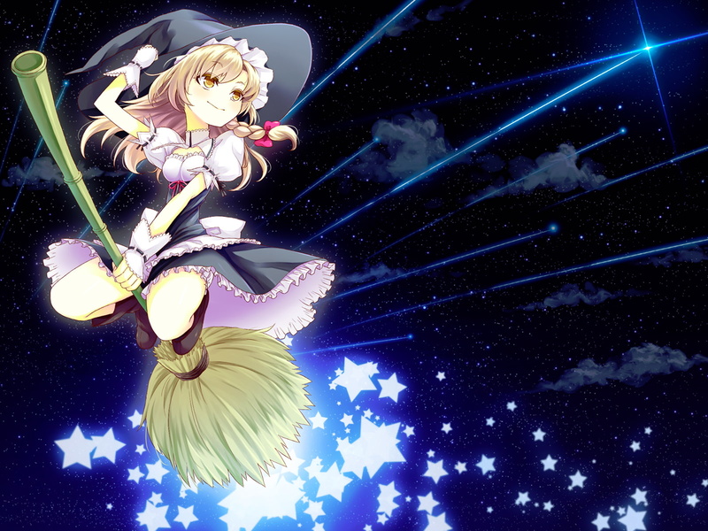 witch, clouds, kirisame, touhou, night, tomo1030, hair, blonde, 720P, marisa, stars, bow, braids