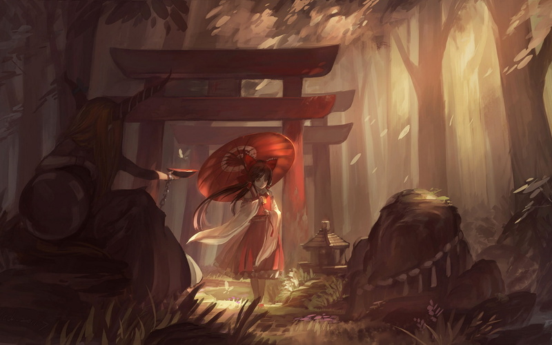 Suika Ibuki, Anime, Touhou, oil, holding, Street, female, character, paper, 1080P, umbrella, Reimu Hakurei