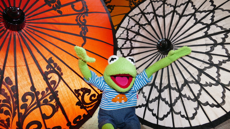 standing, frog, one person, screen, indoors, oiled paper umbrella, built structure, representation, real people, decoration, three quarter length, kermit
