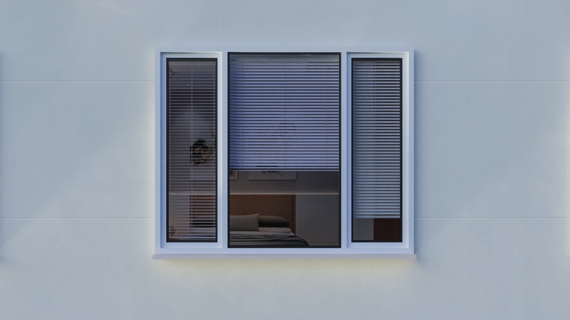 3d, outdoors, house, glass - material, window frame, wall - building feature, blinds, sunlight, venetian, shutter, home, no people, window, day, shape