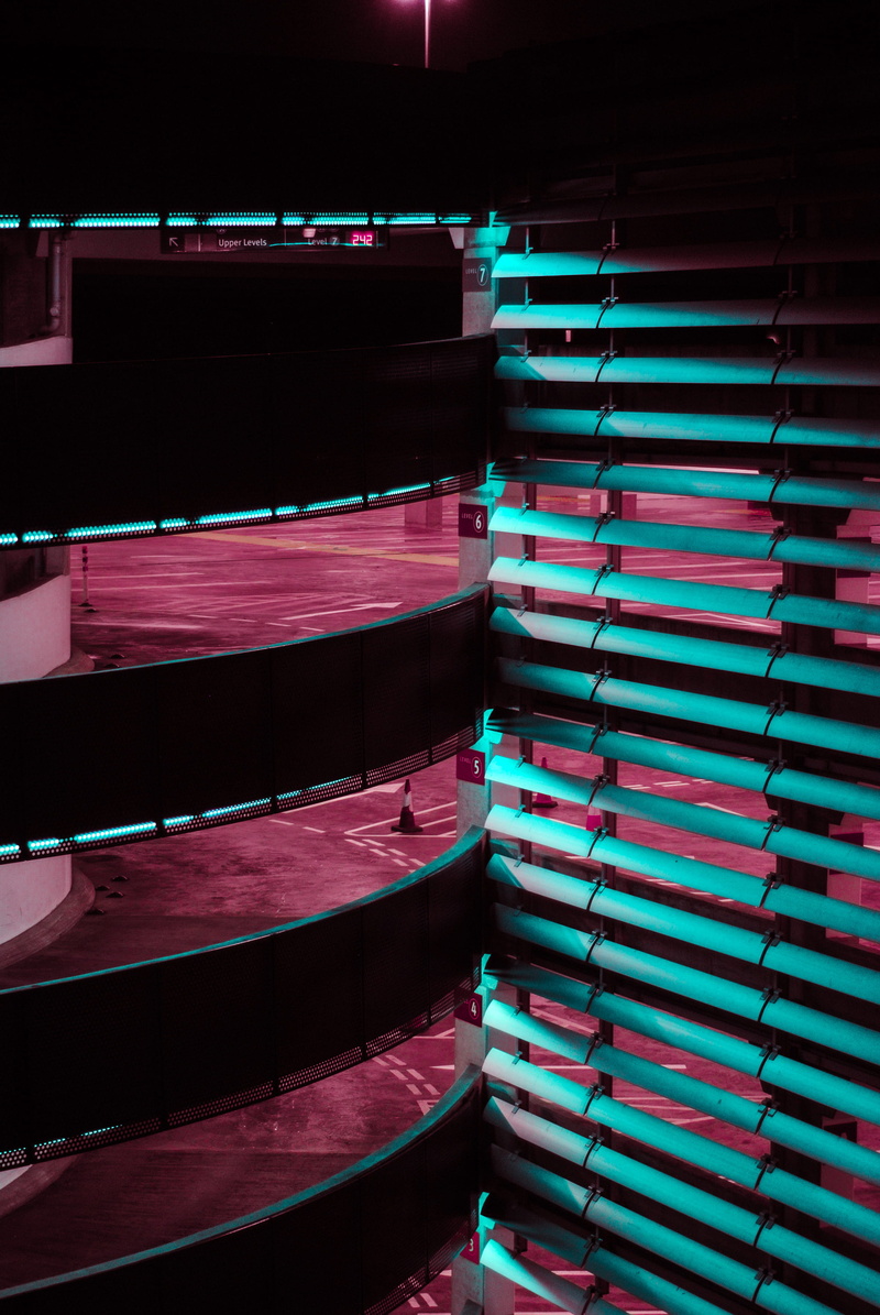 city, day, no people, urban, arts culture and entertainment, absence, 4K, 1980, white, cyberpunk, retro, car park, building, arrangement, illuminated