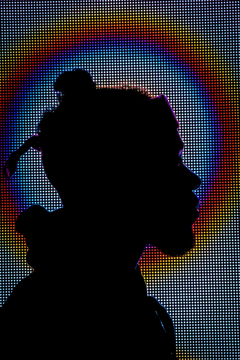 digital, nightlife, lifestyles, silhouette, man, color, pattern, right, illuminated, light, pixels, night, dot, two people, headshot, people, profile, facing