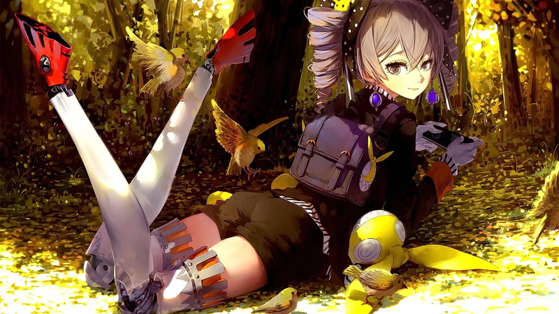 nature, smiling, decoration, anime girls, no people, tree, 1080P, gray eyes, human representation, art and craft, outdoors, representation, day, looking at viewer