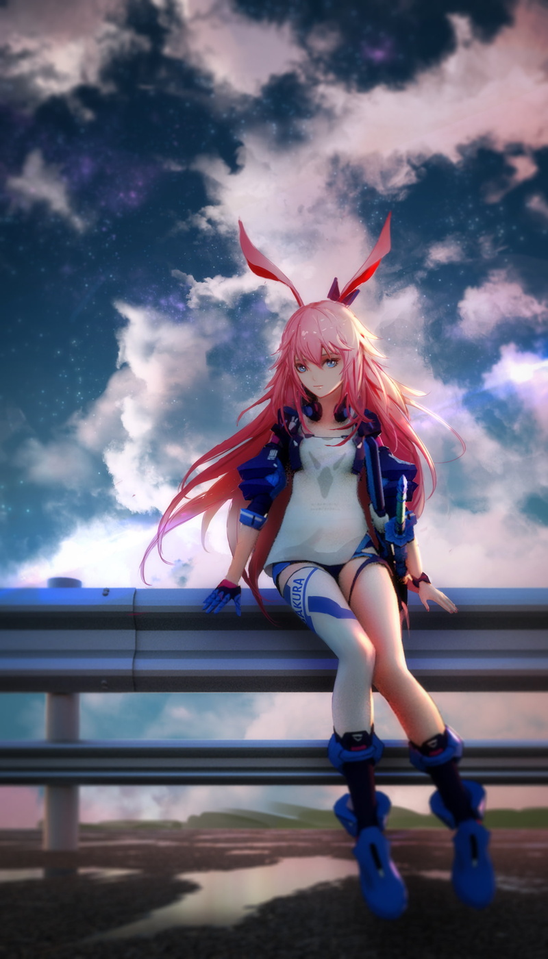 1080P, Honkai Impact, sky, full length, sport, anime, emotion, clothing, front view, cloud - sky, vitality, outdoors, human arm, portrait, young adult