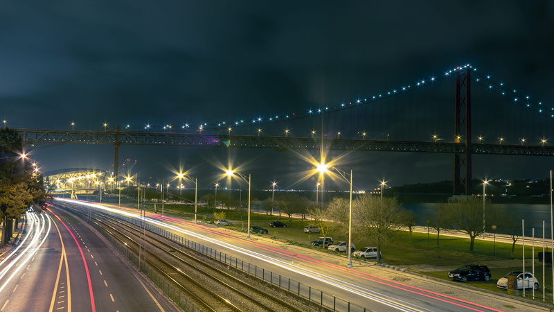 illuminated, sky, bridge, connection, lighting equipment, light, highway, motion, car, road, mode of transportation, urban, speed, long exposure, city