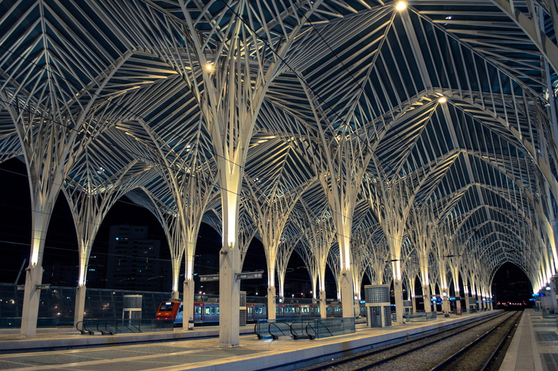destiny, tourism, travel, arch, train, iron, vasco da gama, Lisbon, night, europe, illuminated, ceiling, gray, arquitecture, structure, Gare Do Oriente