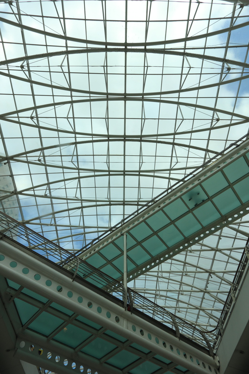 directly below, transportation, pattern, transparent, architecture, illuminated, shopping mall, low angle view, portugal, day, vasco, da, modern, no people
