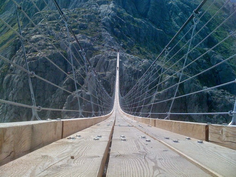 people, mountains, suspension bridge, 480P, bridge
