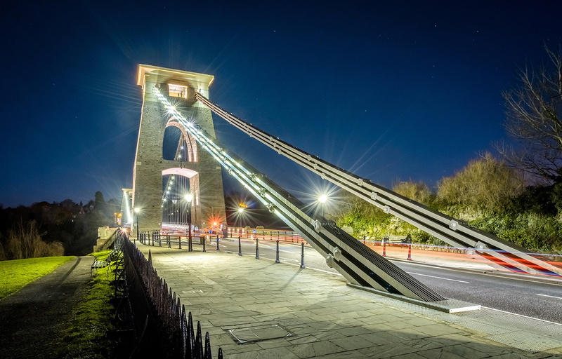 Bristol, England, night, Clifton Suspension Bridge, 1080P, lights, trees, bridge