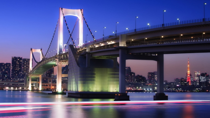 cityscape, built structure, blurred motion, no people, dusk, illuminated, city, water, building exterior, office building exterior, bridge, modern, Rainbow Bridge