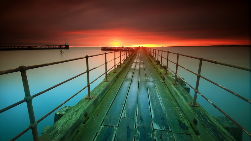 frame, sea, outdoors, no people, beauty in nature, bridge, sunset, 1080P, railing, pier, nature, scenics - nature, tranquility, architecture, green, metal