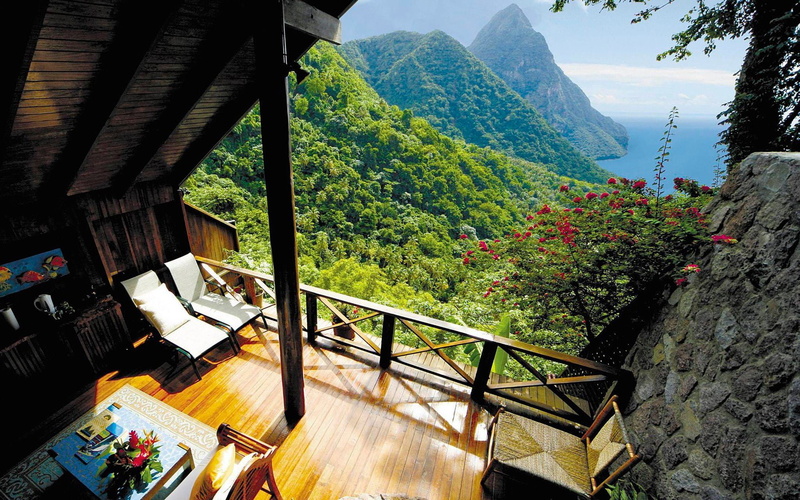 mountain, 1080P, growth, chair, building, metal, mattress, built structure, railing, day, hotel, no people, table, wood - material, plant, black, frame