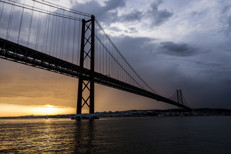 scenics - nature, sunset, silhouette, clouds, mood, nature, suspension bridge, built structure, water, lisabon, bridge, travel destinations, 5K, connection