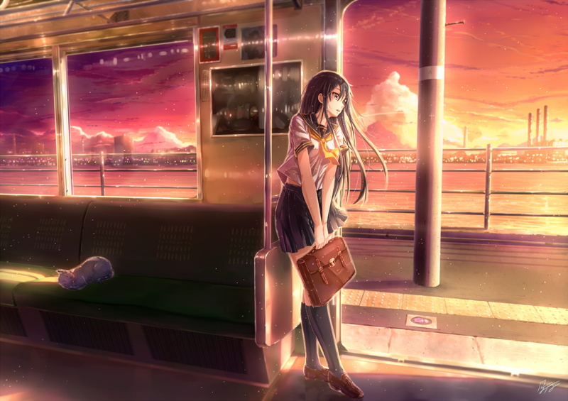schoolgirl, long hair, cat, school uniform, sea, anime, 1080P, city, sky, backpacks