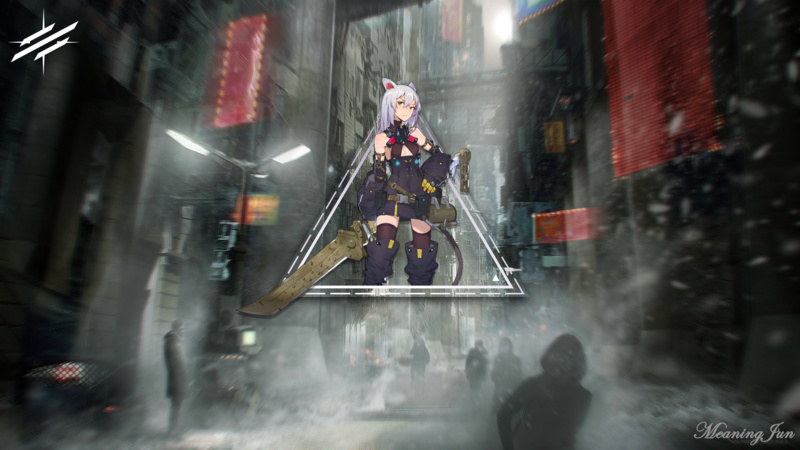 city, fantasy art, MeaningJun, street, anime girls, futuristic city, soldier, 2K, anime, 2D, digital art, Scavenger(Arknights), cat ears, Arknights, warrior girls