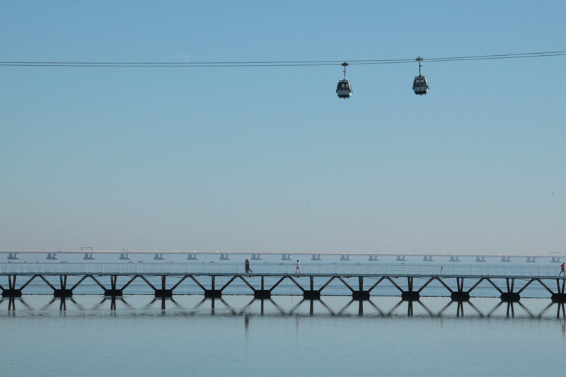 no people, blue, rio tejo, Lisbon, overhead cable car, transportation, cable, outdoors, sky, scenics - nature, Cable Car, Filigree, connection, river, day