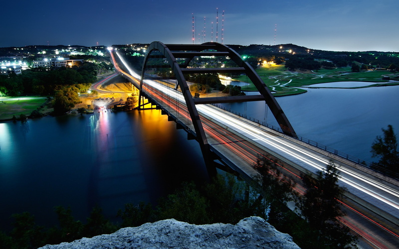 austin bridge austin texas long exposure cliff nature city lake highway lights, building exterior, travel destinations, connection, blue, 2K, reflection