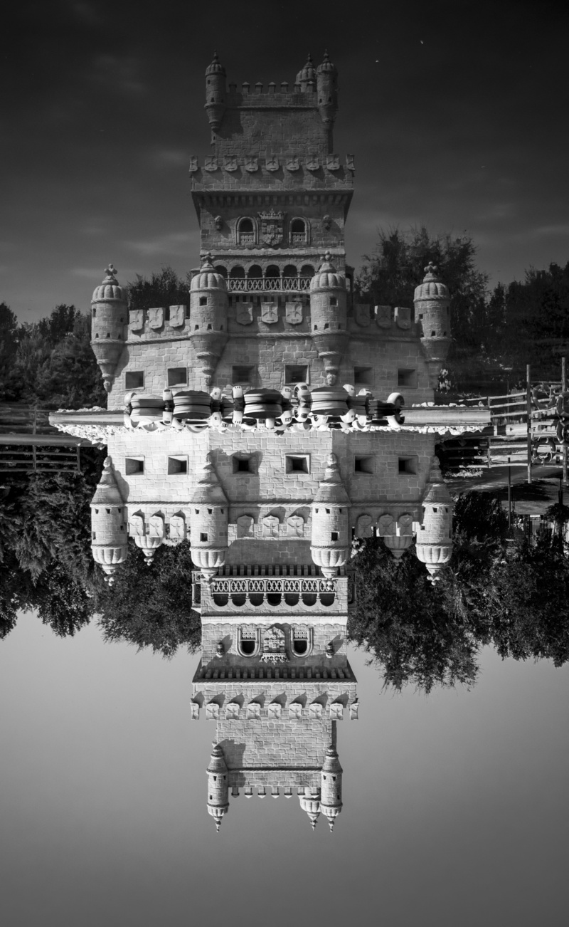 castle, travel destinations, sky, parque europa, torre, building exterior, reflection, tower of belem, built structure, lake, waterfront, outdoors, the past