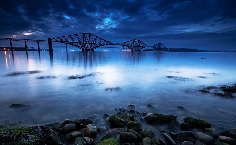 land, long exposure, tranquility, United Kingdom, architecture, sea, landscape, rock - object, built structure, sky, black, bridge, scotland, cloud - sky