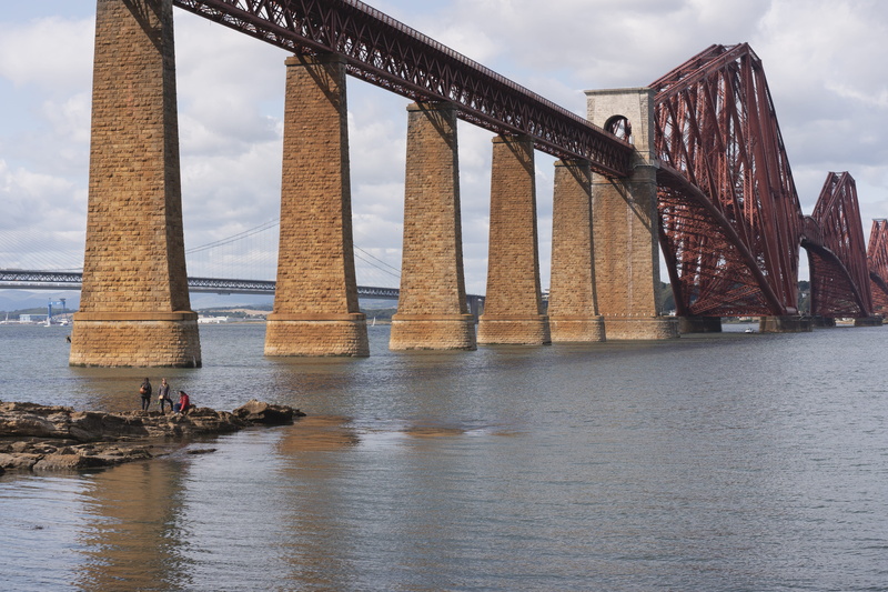 sky, 4K, outdoors, rocks, fife, river, travel destinations, water, real people, landscape, bridge, united kingdom, architectural column, queensferry, men