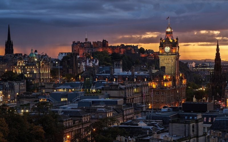 architecture, UK, 1080P, sunset, castle, city, Scotland, clock tower, Edinburgh, Gothic architecture, tower, cityscape