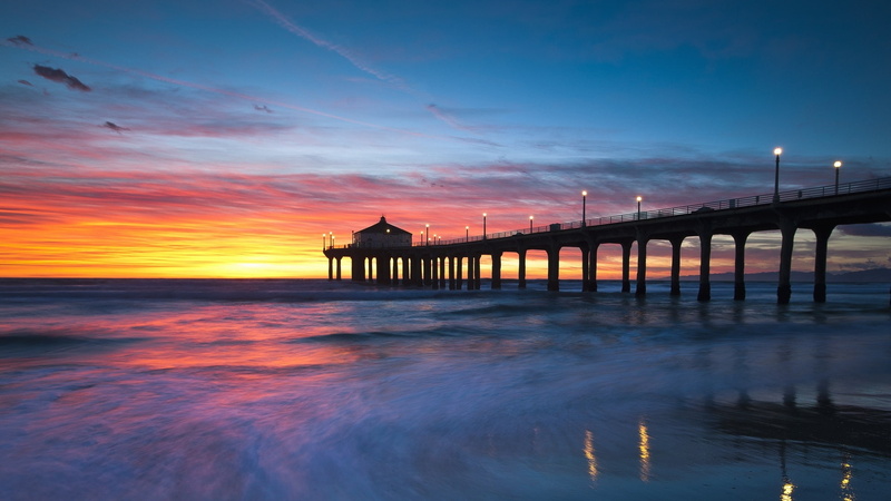 manhattan beach, pier, usa, sunset, calm, 1080P, united states, afterglow, horizon, sundown, california, sea, dusk, evening, shore, ocean, manhattan beach