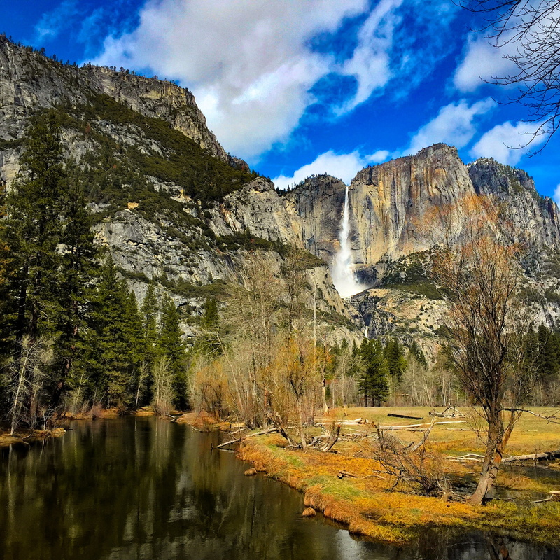 photography, landscape, Yosemite Falls, nature, forest, beauty In Nature, iphone  6s, white, rock - Object, scenics, water falls, lake, blue, white clouds