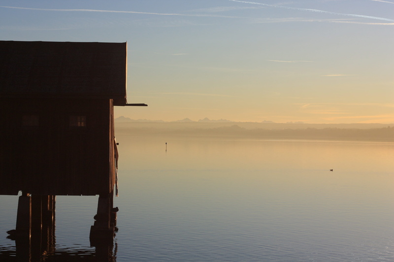 germering, beauty in nature, wooden post, lake, scenics - nature, mountains, outdoors, sunset, nature, water, architecture, alps, germany, house, building exterior