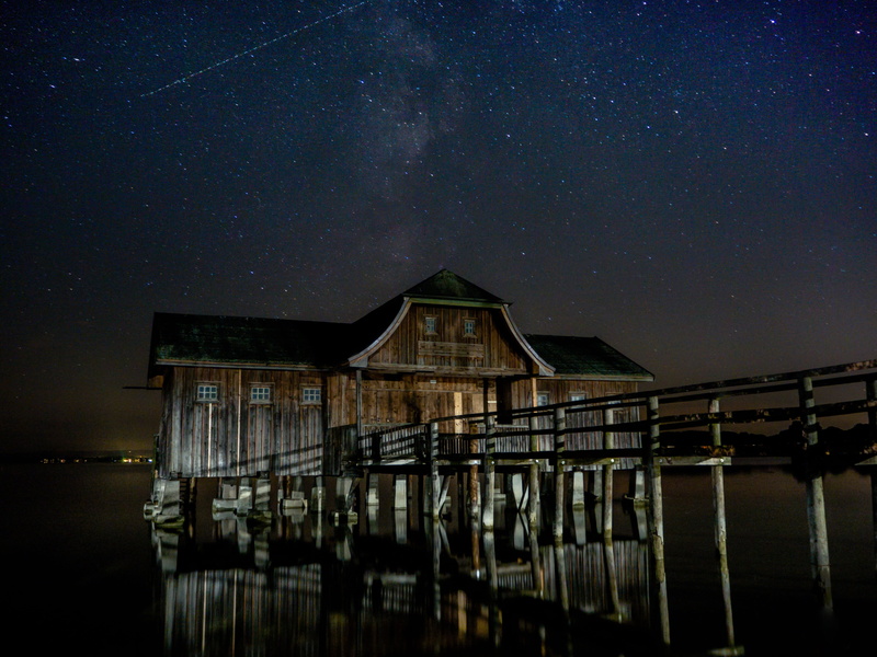 log cabin, night photograph, tranquility, view, night, abendstimmung, 4K, outdoors, ammersee, wood balcony, web, stilt houses, scenics - nature, mirroring