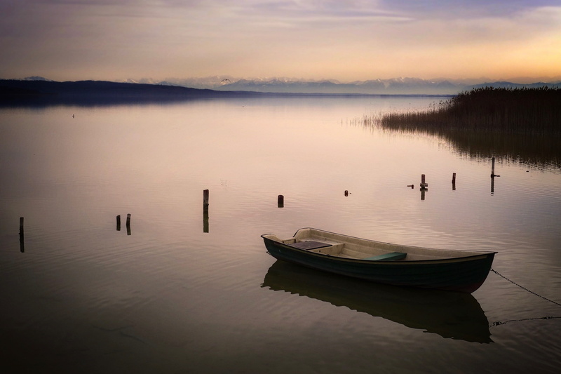 sky, twilight, tranquility, sunset, boat, idyllic, serenity, gray, water, body, mirroring, reed, lake, silhouette, no people, romantic, waters, reflection