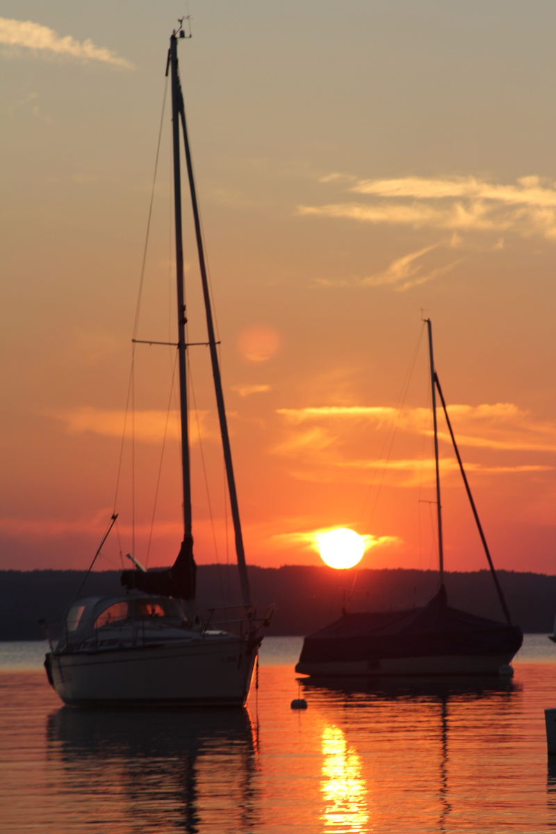 lake, waterfront, marina, sky, summer, sailboat, sea, transportation, no people, pole, sunset, scenics - nature, ammersee, cloud - sky, yacht, water, reflection