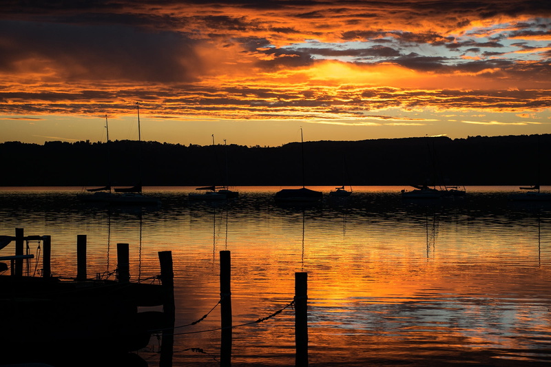 ammersee, idyllic, cloud - sky, nature, sky, orange color, post, outdoors, water, mirroring, transportation, tranquility, reflection, no people, pier, 1080P