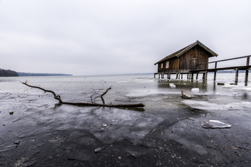 brown, landscape, lake, stilt houses, ice, outdoors, away, tranquility, ammersee, vacation, wood, stalk, mirroring, blue, destruction, sky, land, water