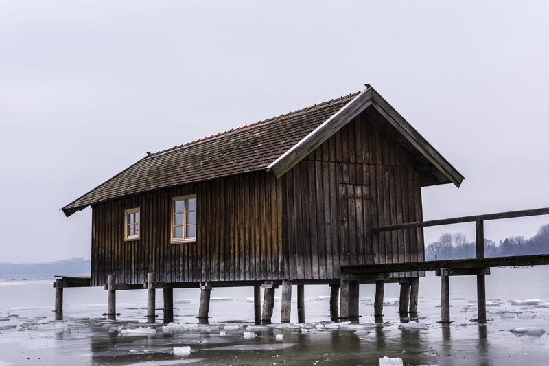 log cabin, atmosphere, home, Boat House, waterfront, stilt, mirroring, stilt houses, blue, nature, sky, wooden post, germany, pier, stilt house, Frozen