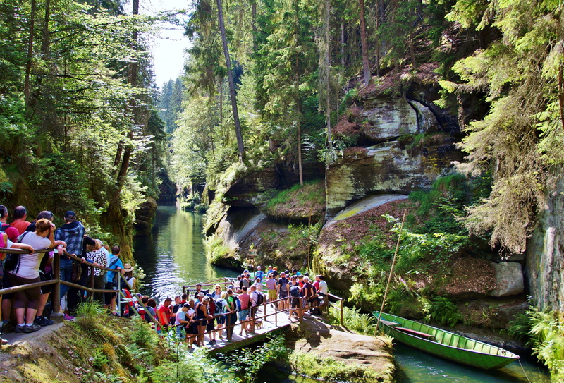 beauty in nature, outdoors, flowing water, tree, 5K, silent, day, rocks, tourism, women, group of people, hřensko, sandstone, leisure activity, large group of people
