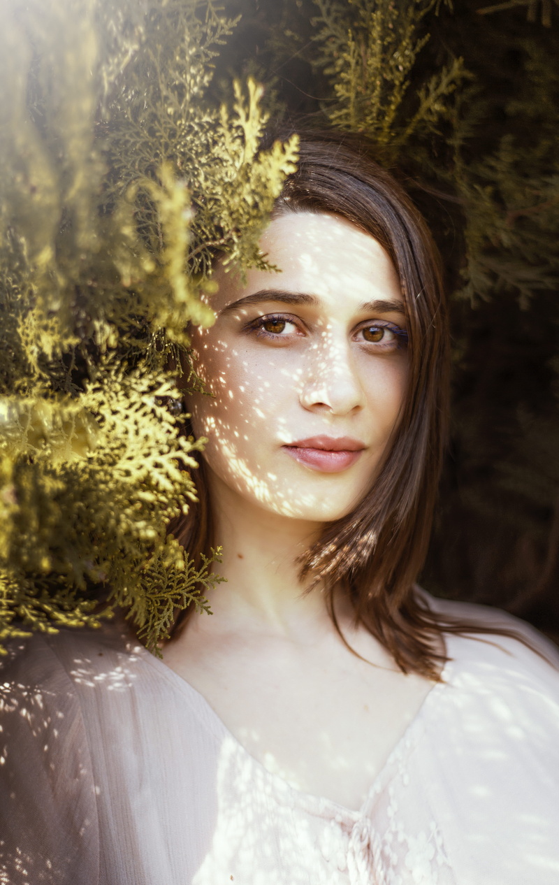 front view, one woman only, young Adult, plants, one young woman only, beside, young women, human Face, women, selfie, nature, plant, outdoors, photo, dress