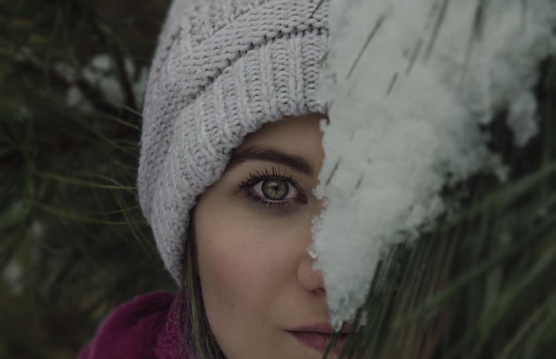 knit hat, looking at camera, close-up, cap, fashion, hat, front view, female, pine, brunette, teenager, snow, young adult, 4K, headshot, wearing, adult
